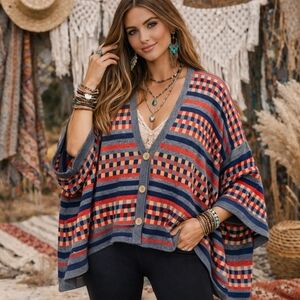 Quicksilver Oversized Boho Kimono Cardigan Boxy Checkered Stripe Sweater
